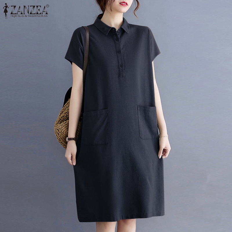 ZANZEA Women ront Pockets Short Sleeve Turn-Down-Collar Solid Color Midi Dress