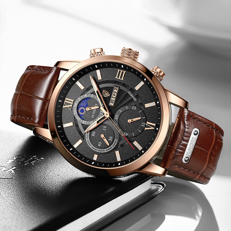 CUCI GUDANG LIGE original jam tangan pria 2021 tali kulit anti air olahraga kronograf jam tangan