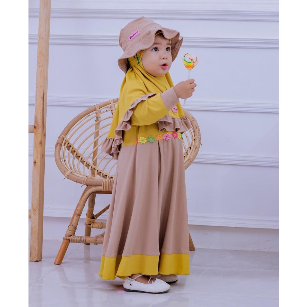 Baju Muslim Gamis Anak Perempuan Zhavira Daisy Free Topi Syari Bahan Jersey Terbaru Lebaran 2022