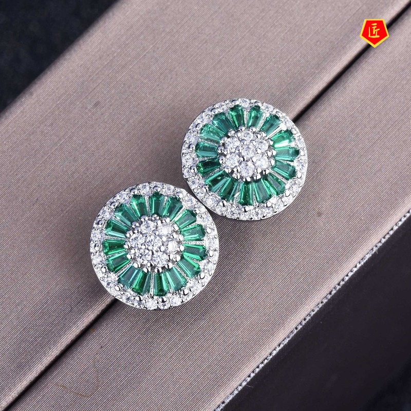 [Ready Stock]Cold Style French Retro Green Gem round Earrings