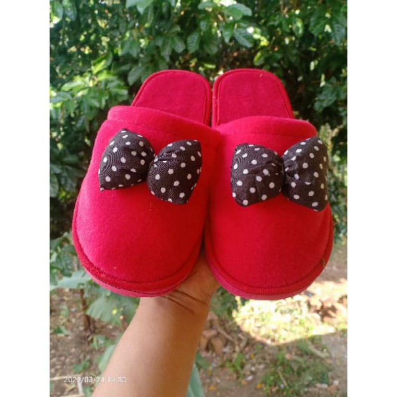 Sandal Slop Bulu Pita Polkadot Sandal Bustong Rumahan