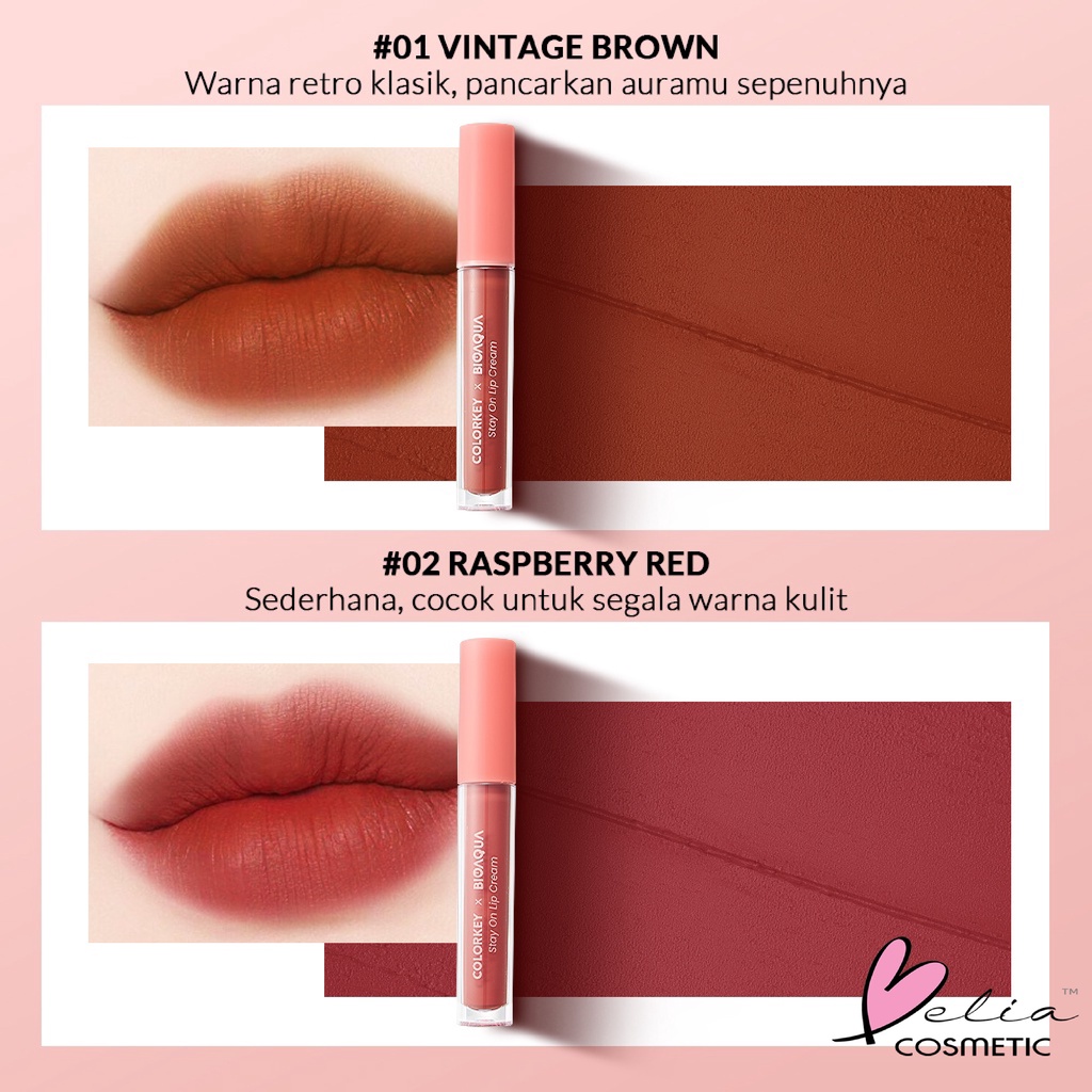 ❤ BELIA ❤ Colorkey X Bioaqua Stay On Lip Cream Matte 6 Colors | Lipstik Matte Lipstik Tahan Lama dan Anti Air Hingga 24 Jam | BPOM