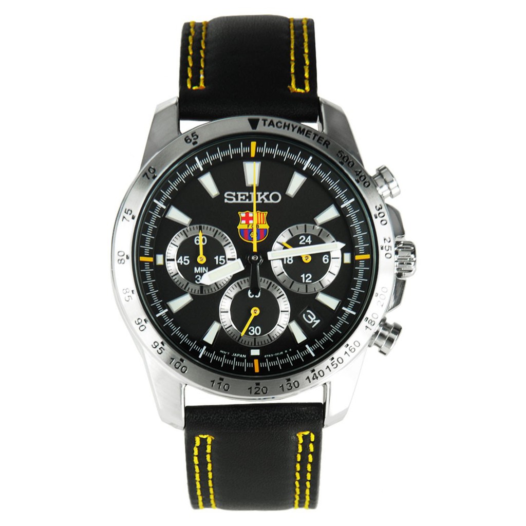 Seiko Chronograph SSB073P2 FC Barcelona Official Black Leather Strap - Jam Tangan Pria