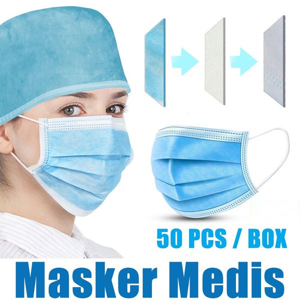 Masker Medis TEBAL ANTI BAKTERI 3play 50pcs GRATIS BOX