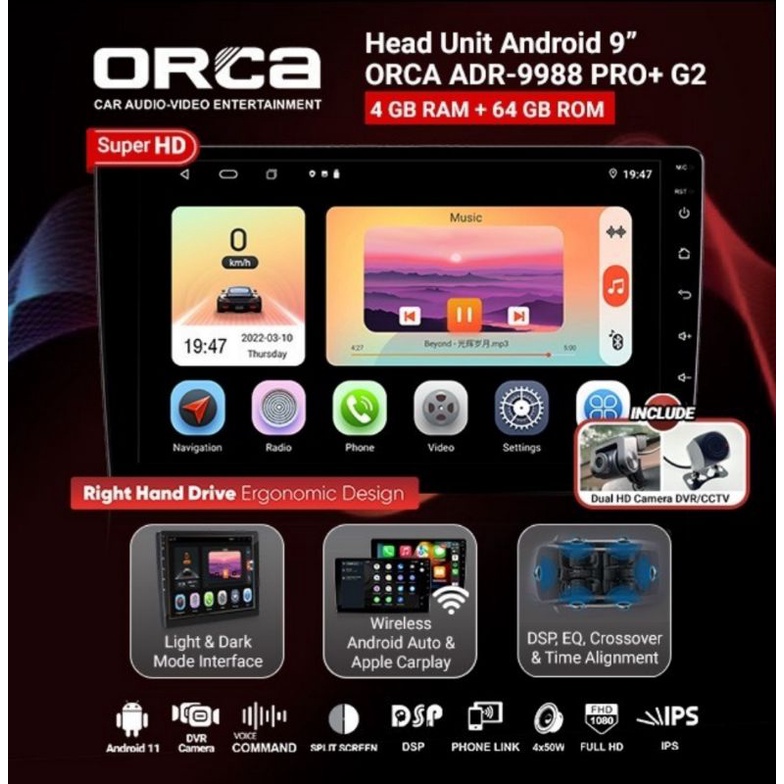 Head Unit Android ORCA PRO+ HRV ANDROID ORCA PRO+ CARPLAY ADR 9988 PRO PLUS Ram 4 Gb Rom 64 Gb