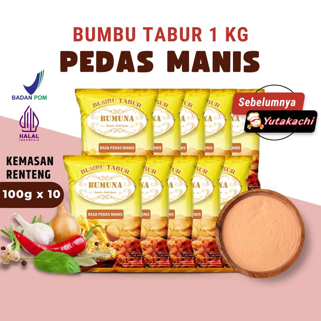 

Bumbu Tabur Renteng Rasa Pedas Manis 1Kg (100gr x 10pcs) Bumuna / Premium Bubuk Tabur Bumbu Keripik Kentang Lidi Ayam Makaroni Jamur Tahu Penyedap Rasa 1 kg (balado/bbq/pedas manis/jagung bakar/keju) Pusat Bumbu