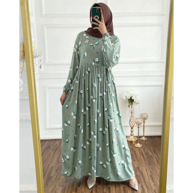 GAMIS RAYON ANGGREK MINT | DRESS BUSUI RESLETING MOTIF BUNGA PUTIH | MAXI HIJAU