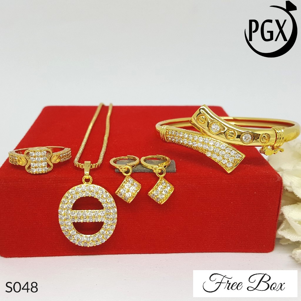 PGX Set Perhiasan Xuping Cincin Gelang Kalung Anting Lapis Emas - S048