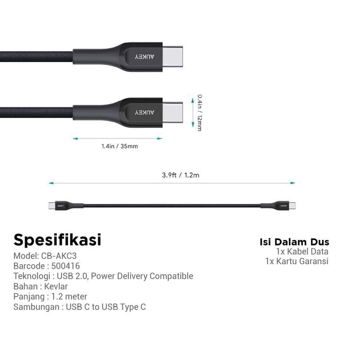 Aukey Cable Kevlar Type C to Type C - 2m - 500418 - CB-AKC4