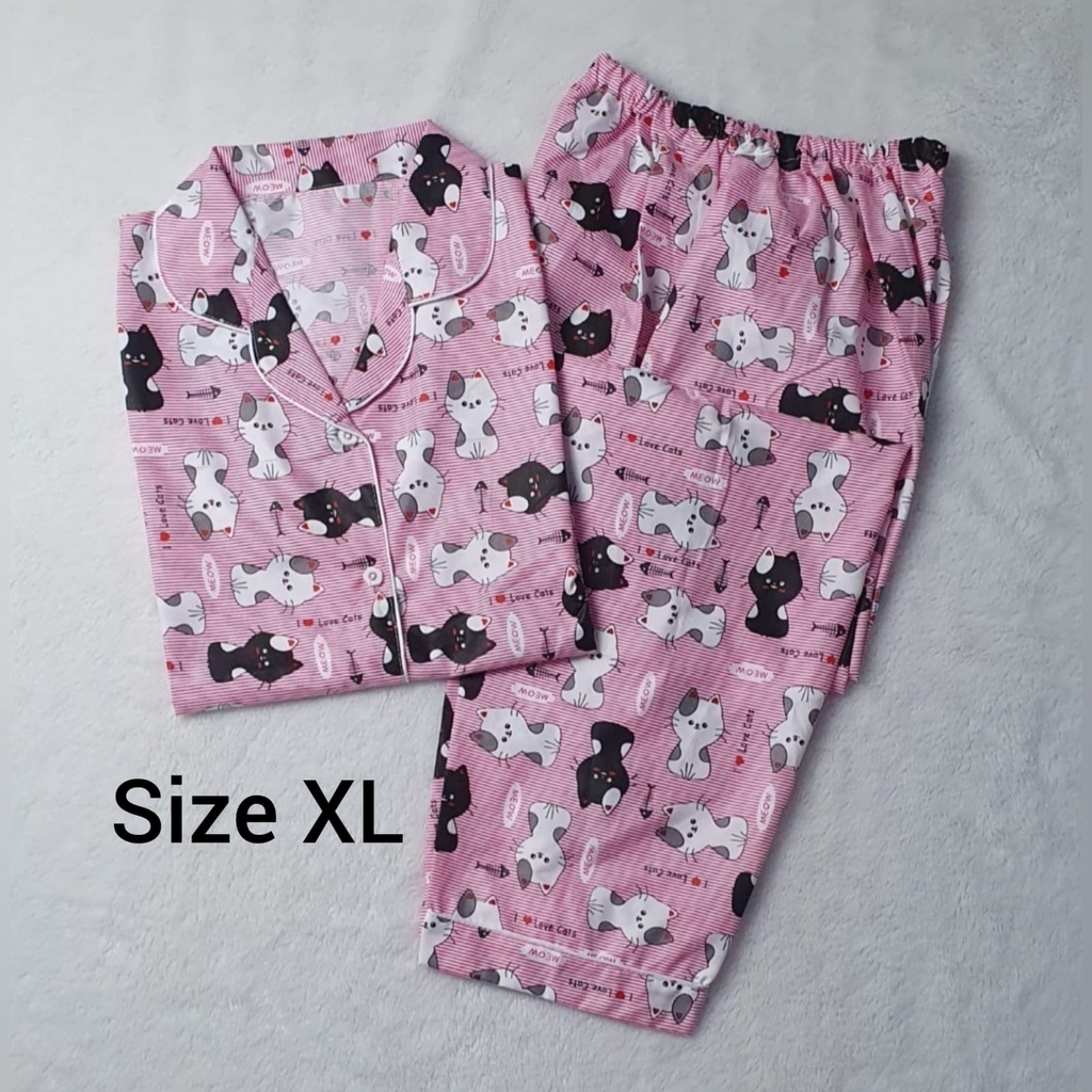 Baju Tidur Dewasa Gambar Lucu LD 104cm / Piyama Katun Lengan Pendek Celana Panjang CP-CP MINI CAT PINK XL