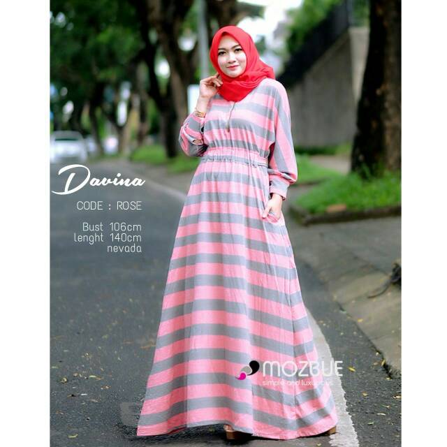 DAVINA DRESS Gamis Kaos Nevada Motif Garis Garis ori Mozbue