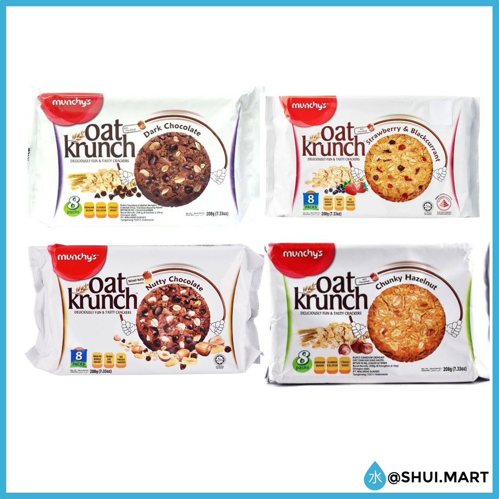 

MUNCHYS OAT KRUNCH BISKUIT DIET GANDUM DIET DARK CHOCOLATE COKLAT STRAWBERRY CHUNKY HAZELNUT 208 GR
