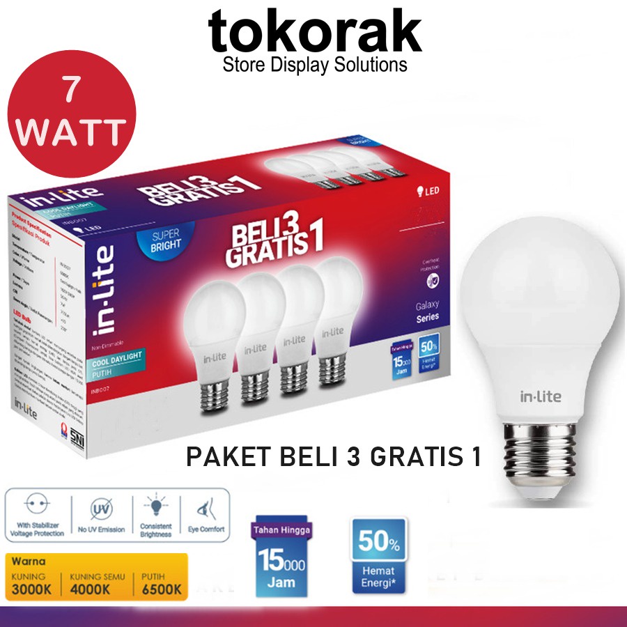 LAMPU BULB IN-LITE 3 GRATIS 1 PUTIH - PAKET BOHLAM LED 5 7 9 11 12 WATT