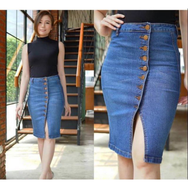 Rok Jeans R0828 Rok Jeans Pendek Denim Skirt Stretch Kancing Kantong Depan Import Murah Best Seller