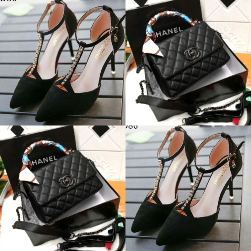 paket sandal heels wanita dan tas selempang gagang 2 cantik