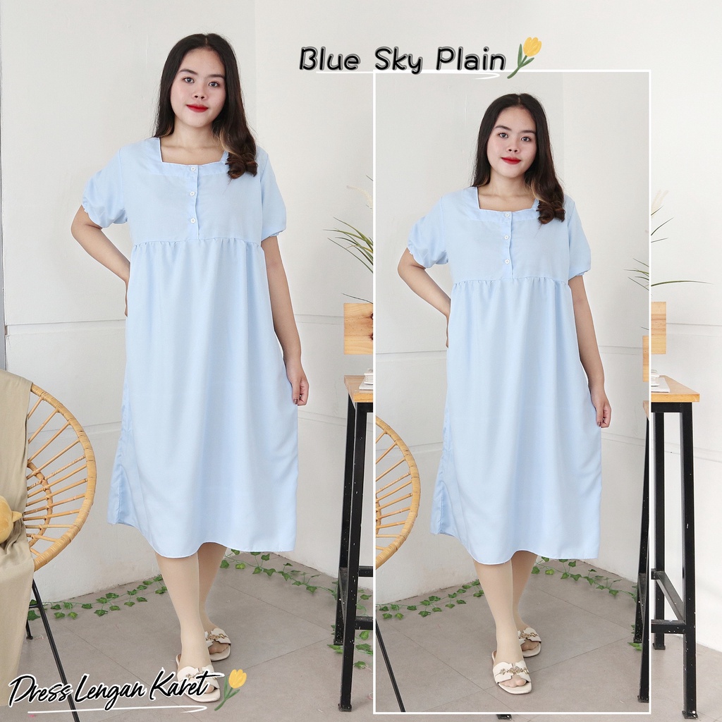 IZANY  Daster Dewasa Lengan Karet / Dress Wanita Lengan Karet Polos Plain-BLUE SKY PLAIN