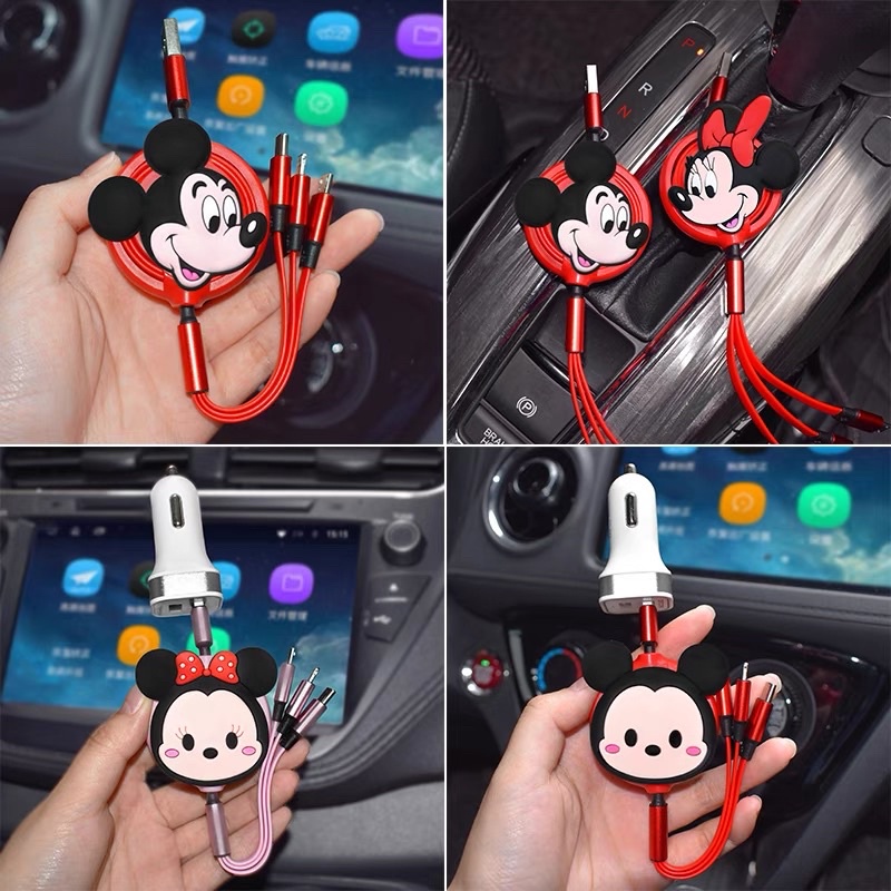 kabel charger mobil 3 in 1 motif mickey minnie lucu  (iphone, tipeC, dan yg biasa)  CHARGER MOBIL // Car Charger Hippo 2 Output 3.4A + kabel 3 in 1 Android Iphone Type-C mickey minnie mouse emily