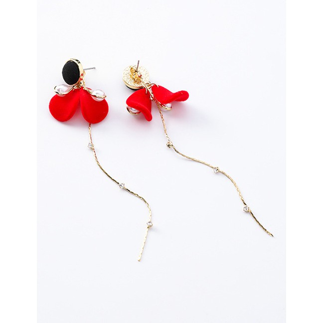 LRC Anting Tusuk Fashion Red Plush Pearl Hemisphere Petal Drops Tassel Earrings D19511