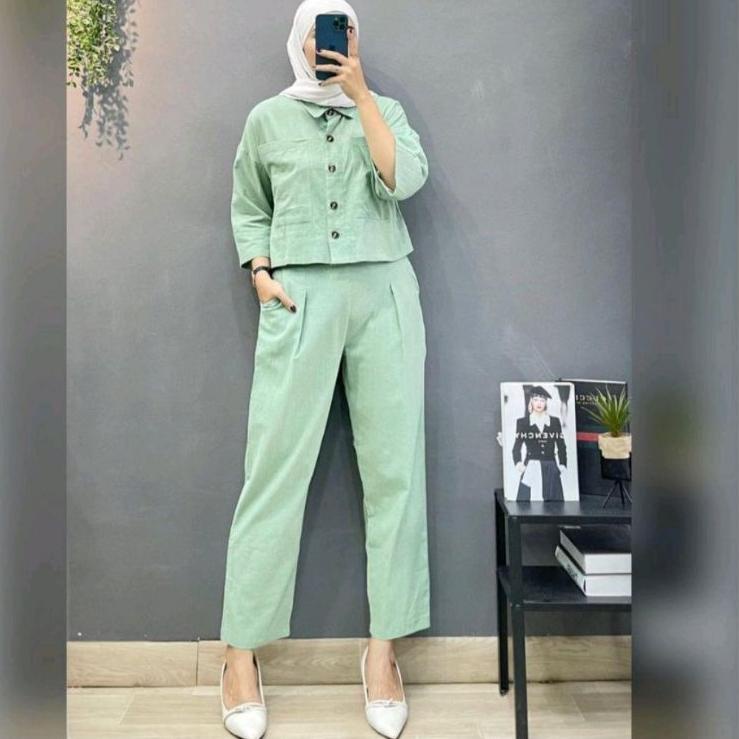 Terlaris fazio set top+pants one set setelan wanita linen rami