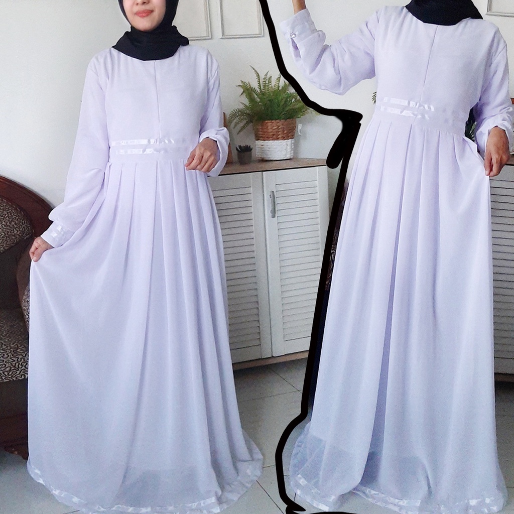 Gamis Amira Maxi Mat Ceruty Putih / Baju Gamis Wanita Murah Terbaru 2022 / Ceruty Full Puring ( Zipe