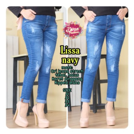 Lissa jeans sobek tidak tembus bahan melar pinggang karet [TNTI]