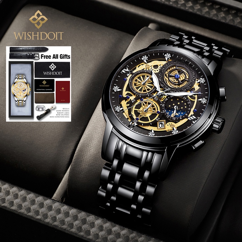 WISHDOIT Jam Tangan Pria Original Tahan Anti Air Laki Laki Lelaki Terbaru Keren Jam Tangan Cowok Besi Tahan Karat Silver/Hitam Luxury Men Watch Waterproof Stainless Steel Fashion Analog Sun/Moon/Stars Multifunction Chronograph Mechanical [Real Three Eyes]-Black black