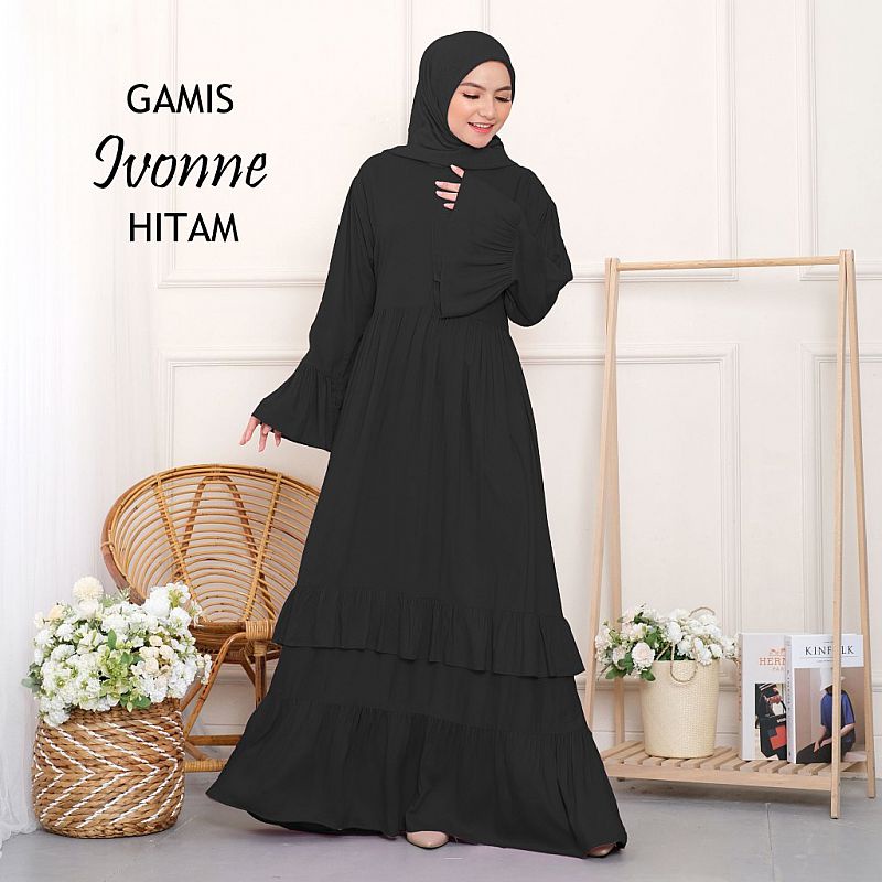 Gamis Dewasa Bahan Rayon Ivonne Hitam Polos Busui Friendly Gamis Dress Kondangan Cantik Rempel