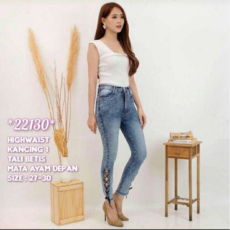 AZ_CELANAJEANS WANITA HW KANCING1 TALI BETIS_ CELANA JEANS HIGHWAIST TALI SILANG BETIS MATA AYAM DEP