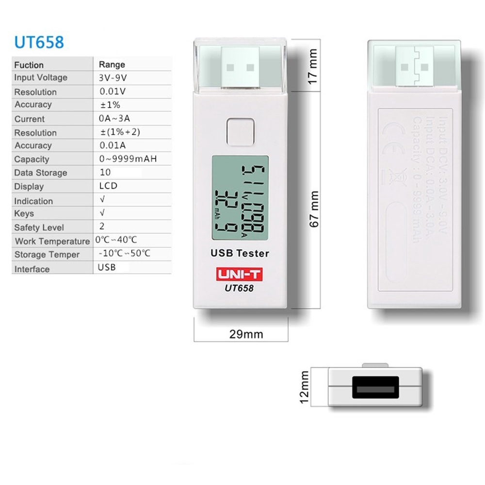 UNI-T UT658 - Digital LCD Portable Mini USB Tester - 9V Max