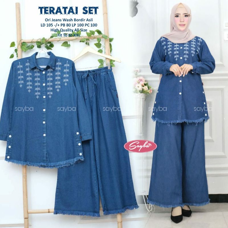 teratai set kulot / setelan jeans wash / set tunic / denim one set