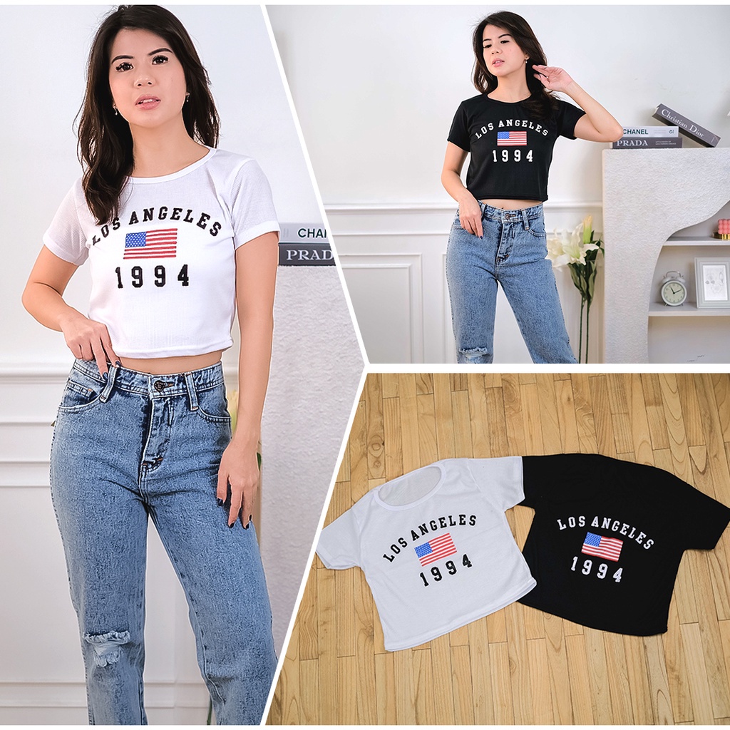 Tq88indonesia Fashion Baju Crop Kaos Wanita Terbaru / LA 1994 Knit Rib Crop Top / Tshirt Wanita / Baju Kasual Wanita / Baju Santai Cewek / Baju Seksi Wanita