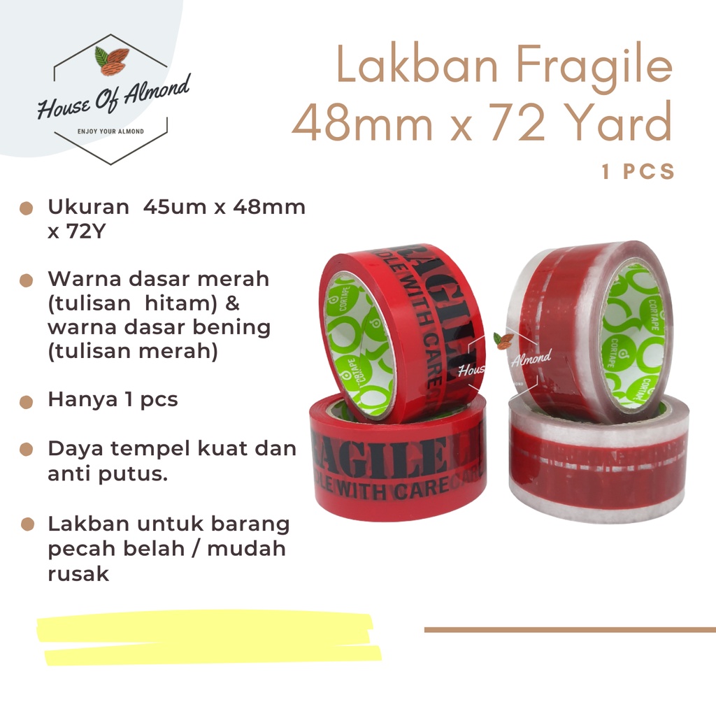 

Lakban Fragile 48 mm x 72 Yard (1 pcs) - Bening Tulisan Merah