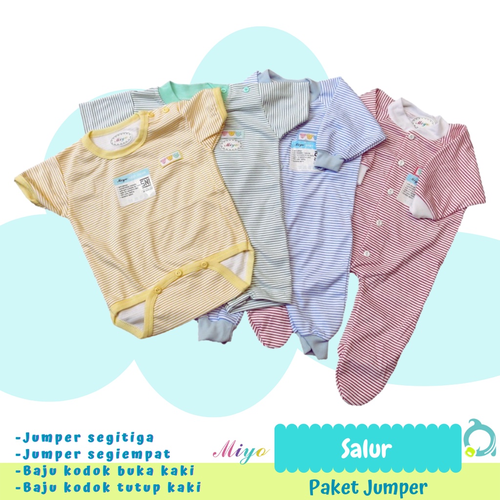 MIYO PAKET Isi 4 ( Salur / Polkadot / Merah ) Jumper / Baju kodok buka kaki / tutup kaki / Sleepsuit