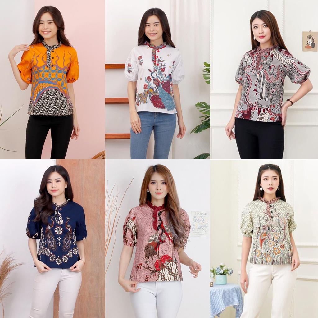 Evercloth Sinta / YURI Atasan Batik Wanita Blouse Batik Perempuan Model Lengan Puff Baju Batik/138 /  MIX