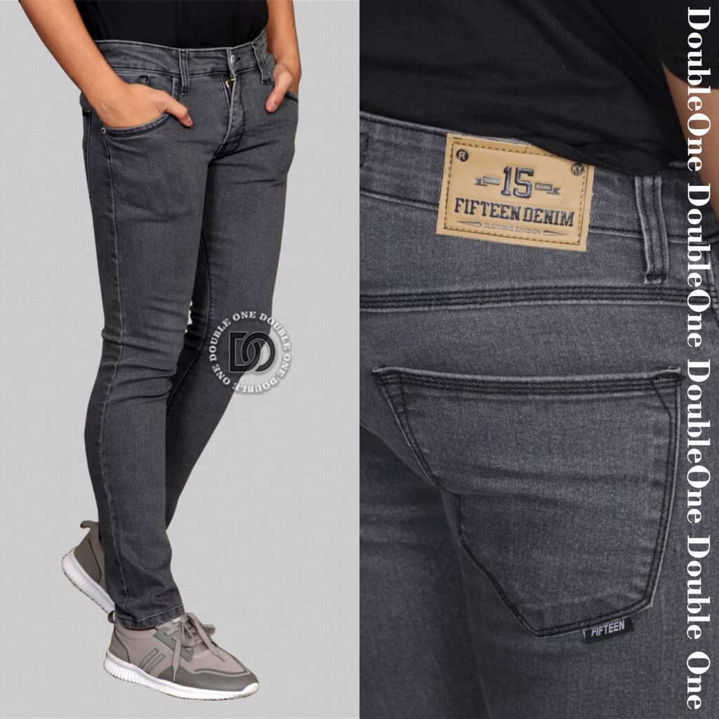 DOUBLE ONE Celana Jeans Panjang Pria Slim Fit Original FIFTEEN DENIM Abu abu