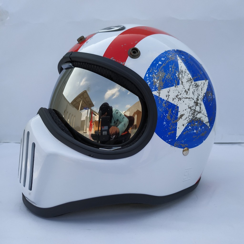 Helm Cakil HBC Captain America White + Inner Visor ( Fullface / Retro / Klasik / Vespa )