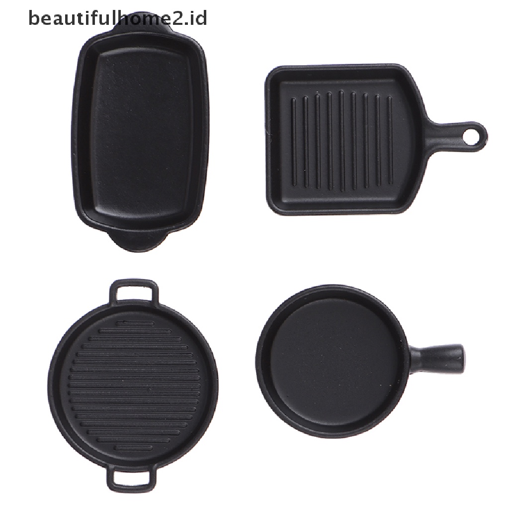 (Beautifulhome2.Id) 1 Set (4Pcs) Miniatur Piring Makan Warna Hitam Skala 1: 12 Untuk Rumah Boneka