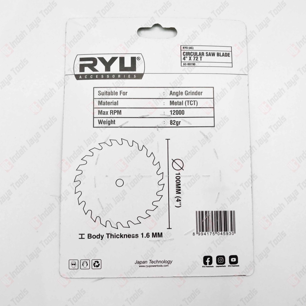 RYU 4&quot; X 72T Mata Pisau Potong Kayu 4 Inch Circular Saw Blade 72 T