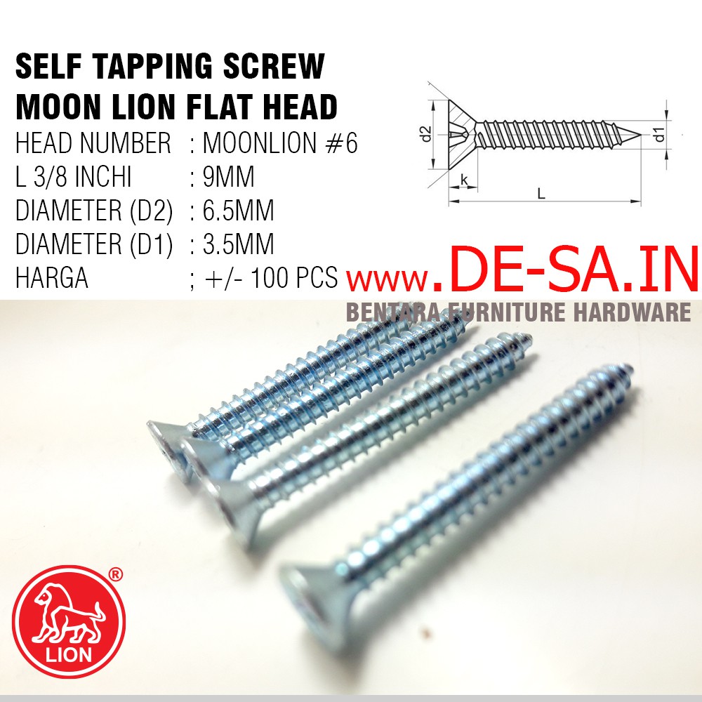 100 x Moon Lion Skrup #6 x 9MM - Self Tapping Flat Head Screw (Skrup Lion #6 X 3/8&quot;)