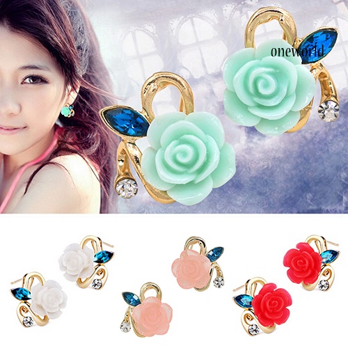 OW@ Women Cute Lady Rhinestone Resin Rose Flower Earrings Ear Studs Jewelry Gift