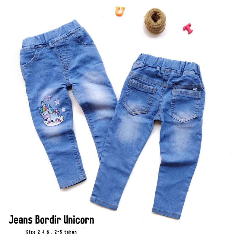 Celana Jeans Jins Panjang Anak Cewek Perempuan 2 3 4 5 Tahun Bordir Unicorn