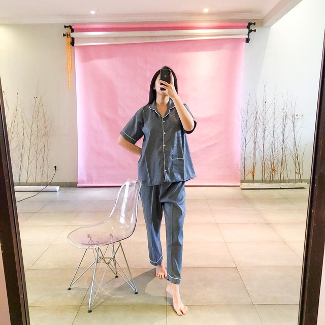 GREY SLEEPWEAR PIYAMA CELANA PANJANG LENGAN PENDEK