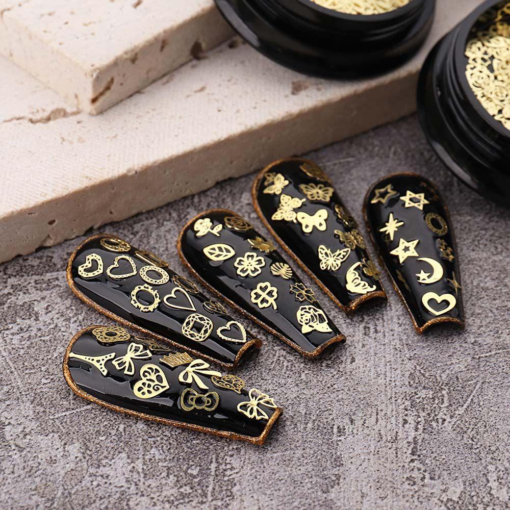 AUGUSTINA Agustina Rivet Aksesoris Kuku Menara Emas Bunga Daun 3D Nail Art Manicure Ornaments DIY Dekorasi Kuku