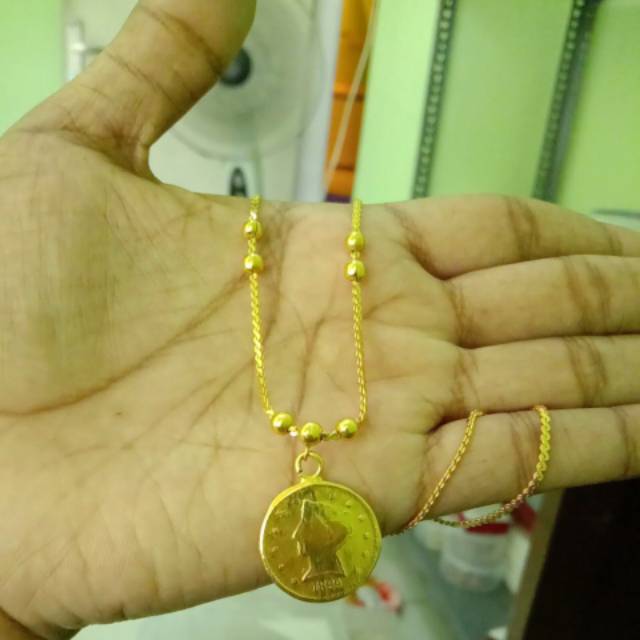 Kalung bandul liontin koin lapis emas 24k (45cm)