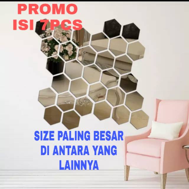 Size paling besar hiasan dinding hexagon segi enam cermin kaca wallstiker