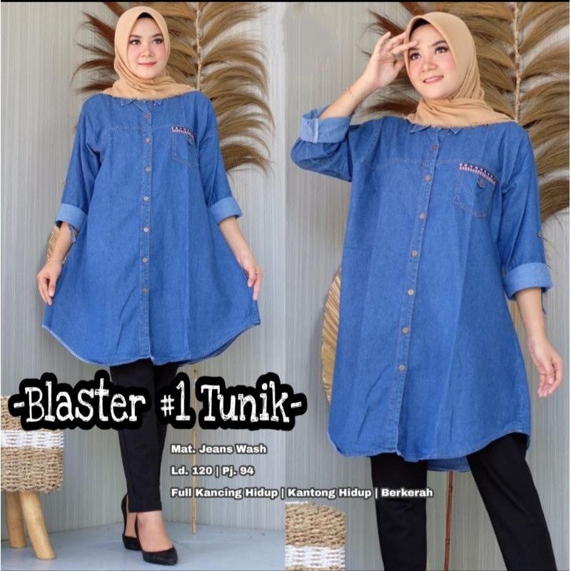 BLASTER TUNIK | Baju Atasan Jeans Wanita Jumbo LD 120 Busui Friendly | Tunik Lepis Big Size Kekinian