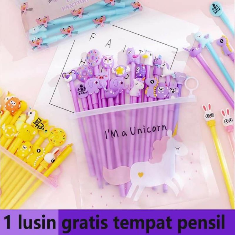 

1 LUSIN PULPEN GEL MOTIF FREE TEMPAT PENSIL TRANSPARAN UNICORN