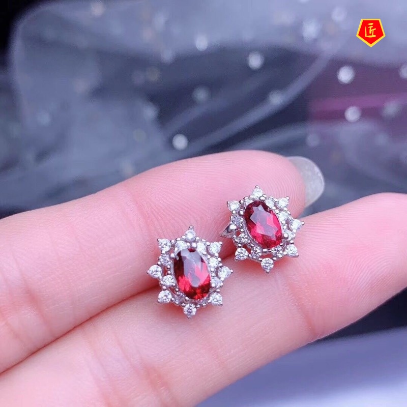 [Ready Stock]Moissanite Garnet Necklace Open Rings Ear Studs Suit