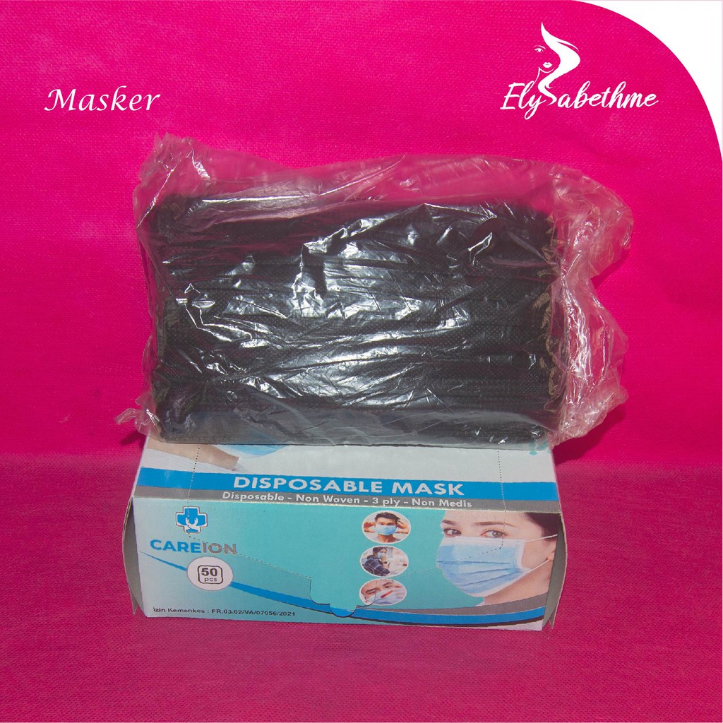 ✿ELYSABETHME✿ Masker 3ply Hitam (BOX) isi 50 earloop medis anti polusi debu penutup mulut dan hidung