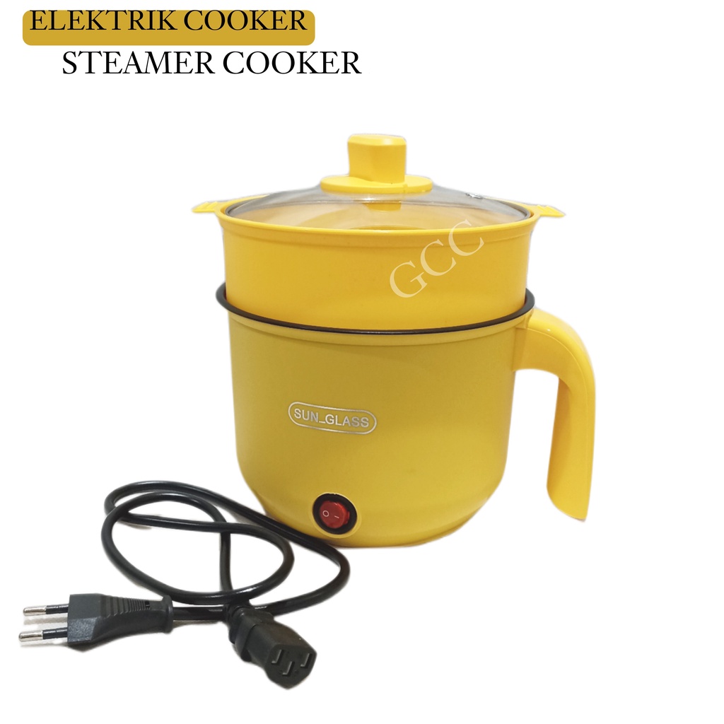 A1 Panci Sop Elektrik Serbaguna Teflon Anti Lengket Dengan Steamer Dan Tutup Kaca Diameter 18cm